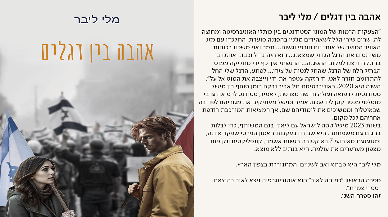 אהבה בין דגלים / מלי ליבר, "הצעקות הרמות של המוני הסטודנטים בין כותלי האוניברסיטה ומחוצה לה, שרים שירי הלל לשאהידים מג'נין בהפגנה סוערת, התלכדו עם מזג האוויר הסוער של אותו יום חורפי וגשום... תמר ואני משכנו בכוחות משותפים את הדגל הגדול שמצאנו... הוא היה גדול וכבד.  אחזנו בו בחוזקה ורצנו למקום ההפגנה... הרגשתי איך כף ידי מחליקה ממוט הברזל הלח של הדגל, שהחל לנטות על צידו... לפתע, הדגל שלי החל להתרומם חזרה לאט. יד חזקה עטפה את ידי וייצבה את המוט אל על". השנה היא 2020. באוניברסיטת תל אביב נרקם רומן סוחף בין מישל, סטודנטית לרפואה ועולה חדשה מצרפת, לאמיר, סטודנט לרפואה ערבי מוסלמי מכפר קטן ליד שכם. אמיר ומישל מעתיקים את מגוריהם לפדובה שבאיטליה וממשיכים את לימודיהם שם, אך המציאות המורכבת רודפת אחריהם לכל מקום. בשנת 2023 מישל טסה לישראל עם ליאון, בנם המשותף, כדי לבלות בחגים עם משפחתה. היא שבורה בעקבות האסון הפרטי שפקד אותה, ומזועזעת מאירועי 7 באוקטובר. רגשות אשמה, קונפליקטים ונקיפות מצפון מערערים את עולמה. היא בנתיב ללא מוצא.  מלי ליבר היא סבתא ואם לשניים, המתגוררת בצפון הארץ.   ספרה הראשון "כמיהה לאור" הוא אוטוביוגרפיה ויצא לאור בהוצאת "ספרי צמרת". זהו ספרה השני. - מעבר לעמוד לרכישת הספר