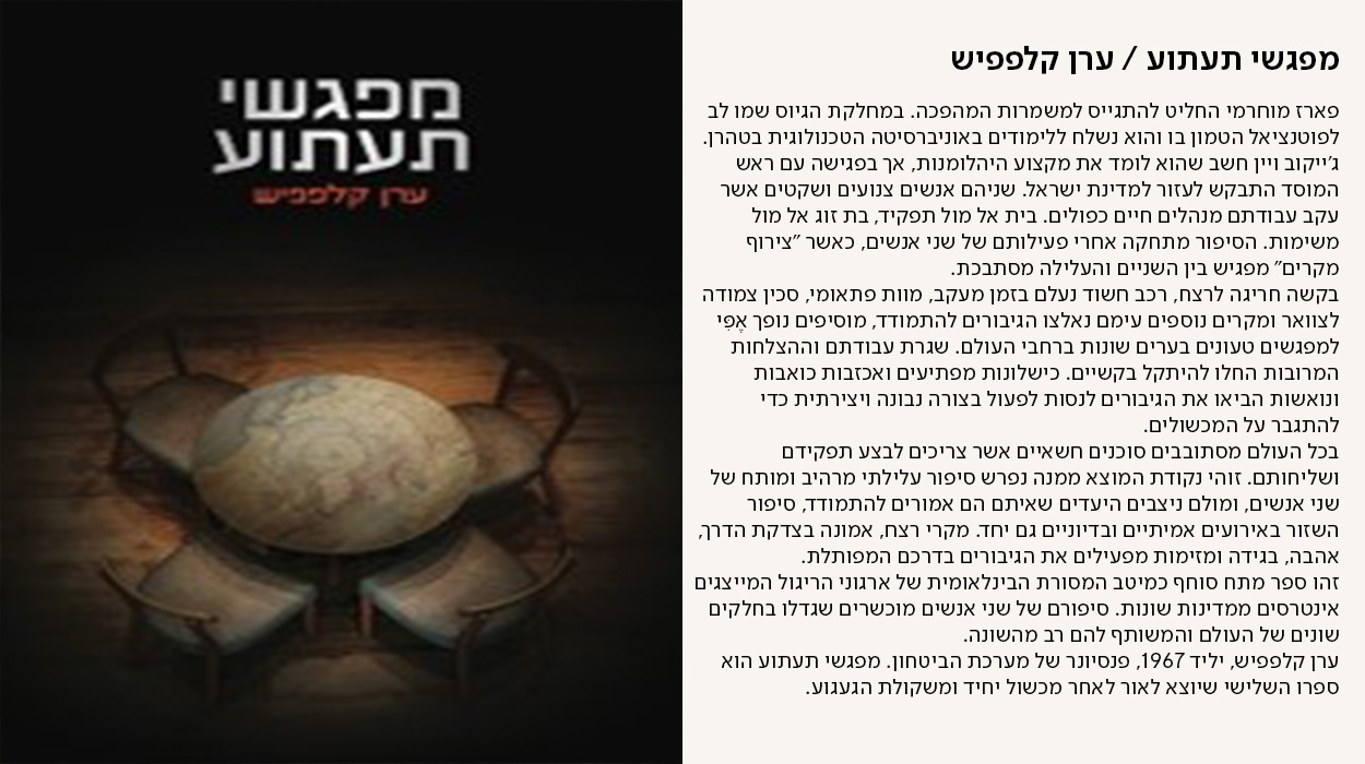 מפגשי תעתוע / ערן קלפפיש, פארז מוחרמי החליט להתגייס למשמרות המהפכה. במחלקת הגיוס שמו לב לפוטנציאל הטמון בו והוא נשלח ללימודים באוניברסיטה הטכנולוגית בטהרן. ג'ייקוב ויין חשב שהוא לומד את מקצוע היהלומנות, אך בפגישה עם ראש המוסד התבקש לעזור למדינת ישראל. שניהם אנשים צנועים ושקטים אשר עקב עבודתם מנהלים חיים כפולים. בית אל מול תפקיד, בת זוג אל מול משימות. הסיפור מתחקה אחרי פעילותם של שני אנשים, כאשר "צירוף מקרים" מפגיש בין השניים והעלילה מסתבכת. בקשה חריגה לרצח, רכב חשוד נעלם בזמן מעקב, מוות פתאומי, סכין צמודה לצוואר ומקרים נוספים עימם נאלצו הגיבורים להתמודד, מוסיפים נופך אֶפִּי למפגשים טעונים בערים שונות ברחבי העולם. שגרת עבודתם וההצלחות המרובות החלו להיתקל בקשיים. כישלונות מפתיעים ואכזבות כואבות ונואשות הביאו את הגיבורים לנסות לפעול בצורה נבונה ויצירתית כדי להתגבר על המכשולים. בכל העולם מסתובבים סוכנים חשאיים אשר צריכים לבצע תפקידם ושליחותם. זוהי נקודת המוצא ממנה נפרש סיפור עלילתי מרהיב ומותח של שני אנשים, ומולם ניצבים היעדים שאיתם הם אמורים להתמודד, סיפור השזור באירועים אמיתיים ובדיוניים גם יחד. מקרי רצח, אמונה בצדקת הדרך, אהבה, בגידה ומזימות מפעילים את הגיבורים בדרכם המפותלת. זהו ספר מתח סוחף כמיטב המסורת הבינלאומית של ארגוני הריגול המייצגים אינטרסים ממדינות שונות. סיפורם של שני אנשים מוכשרים שגדלו בחלקים שונים של העולם והמשותף להם רב מהשונה. ערן קלפפיש, יליד 1967, פנסיונר של מערכת הביטחון. מפגשי תעתוע הוא ספרו השלישי שיוצא לאור לאחר מכשול יחיד ומשקולת הגעגוע. - מעבר לעמוד לרכישת הספר