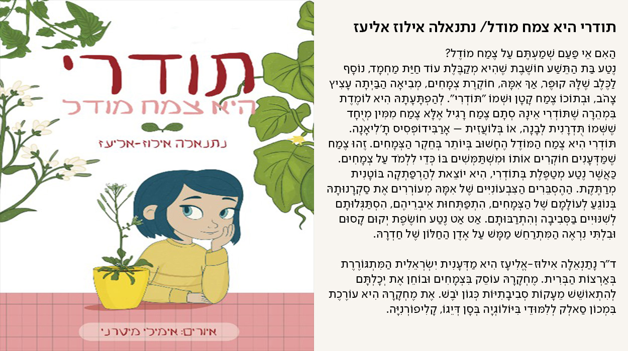 תודרי היא צמח מודל / נתנאלה אילוז אליעז, הַאִם אֵי פַּעַם שְׁמַעְתֶּם עַל צֶמַח מוֹדֶל? נֶטַע בַּת הַתֵּשַׁע חוֹשֶׁבֶת שֶׁהִיא מְקַבֶּלֶת עוֹד חַיַּת מַחְמָד, נוֹסָף לַכֶּלֶב שֶׁלָּהּ קוּפֶּר, אַךְ אִמָּהּ, חוֹקֶרֶת צְמָחִים, מְבִיאָה הַבַּיְתָה עָצִיץ צָהֹב, וּבְתוֹכוֹ צֶמַח קָטָן וּשְׁמוֹ ״תּוֹדְרִי״. לְהַפְתָּעָתָהּ הִיא לוֹמֶדֶת בִּמְהֵרָה שֶׁתּוֹדְרִי אֵינָהּ סְתָם צֶמַח רָגִיל אֶלָּא צֶמַח מִמִּין מְיֻחָד שֶׁשְּׁמוֹ תֻּדְרָנִית לְבָנָה, אוֹ בְּלוֹעֲזִית – אָרַבִּידוֹפְּסִיס תָ'לִיאָנָה. תּוֹדְרִי הִיא צֶמַח הַמּוֹדֶל הֶחָשׁוּב בְּיוֹתֵר בְּחֵקֶר הַצְּמָחִים. זֶהוּ צֶמַח שֶׁמַּדְּעָנִים חוֹקְרִים אוֹתוֹ וּמִשְׁתַּמְּשִׁים בּוֹ כְּדֵי לִלְמֹד עַל צְמָחִים. כַּאֲשֶׁר נֶטַע מְטַפֶּלֶת בְּתוֹדְרִי, הִיא יוֹצֵאת לְהַרְפַּתְקָה בּוֹטָנִית מְרַתֶּקֶת. הַהֶסְבֵּרִים הַצִּבְעוֹנִיִּים שֶׁל אִמָּהּ מְעוֹרְרִים אֶת סַקְרָנוּתָהּ בְּנוֹגֵעַ לְעוֹלָמָם שֶׁל הַצְּמָחִים, הִתְפַּתְּחוּת אֵיבְרֵיהֶם, הִסְתַּגְּלוּתָם לְשִׁנּוּיִים בַּסְּבִיבָה וְהִתְרַבּוּתָם. אַט אַט נֶטַע חוֹשֶׂפֶת יְקוּם קָסוּם וּבִלְתִּי נִרְאֶה הַמִּתְרַחֵשׁ מַמָּשׁ עַל אֶדֶן הַחַלּוֹן שֶׁל חַדְרָהּ.  ד"ר נָתַנְאֵלָה אִילוּז-אֱלִיעָז הִיא מַדְּעָנִית יִשְׂרְאֵלִית הַמִּתְגּוֹרֶרֶת בְּאַרְצוֹת הַבְּרִית. מֶחְקָרָהּ עוֹסֵק בִּצְמָחִים וּבוֹחֵן אֶת יְכָלְתָּם לְהִתְאוֹשֵׁשׁ מֵעָקוֹת סְבִיבָתִיּוֹת כְּגוֹן יֹבֶשׁ. אֶת מֶחְקָרָהּ הִיא עוֹרֶכֶת בִּמְכוֹן סַאלְק לְלִמּוּדֵי בִּיּוֹלוֹגְיָה בְּסָן דְּיֵגוֹ, קָלִיפוֹרְנִיָּה. - מעבר לעמוד לרכישת הספר